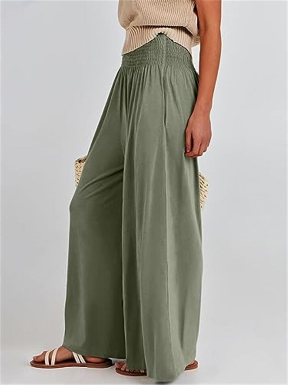 Sage Green Palazzo Pants High Smocked Waist Wide Leg Lounge Trousers - Picture 2 of 6